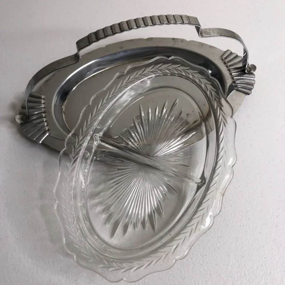 Vintage Divided Glass Metal Handle Serving Condiment Entertainment Holiday Tray